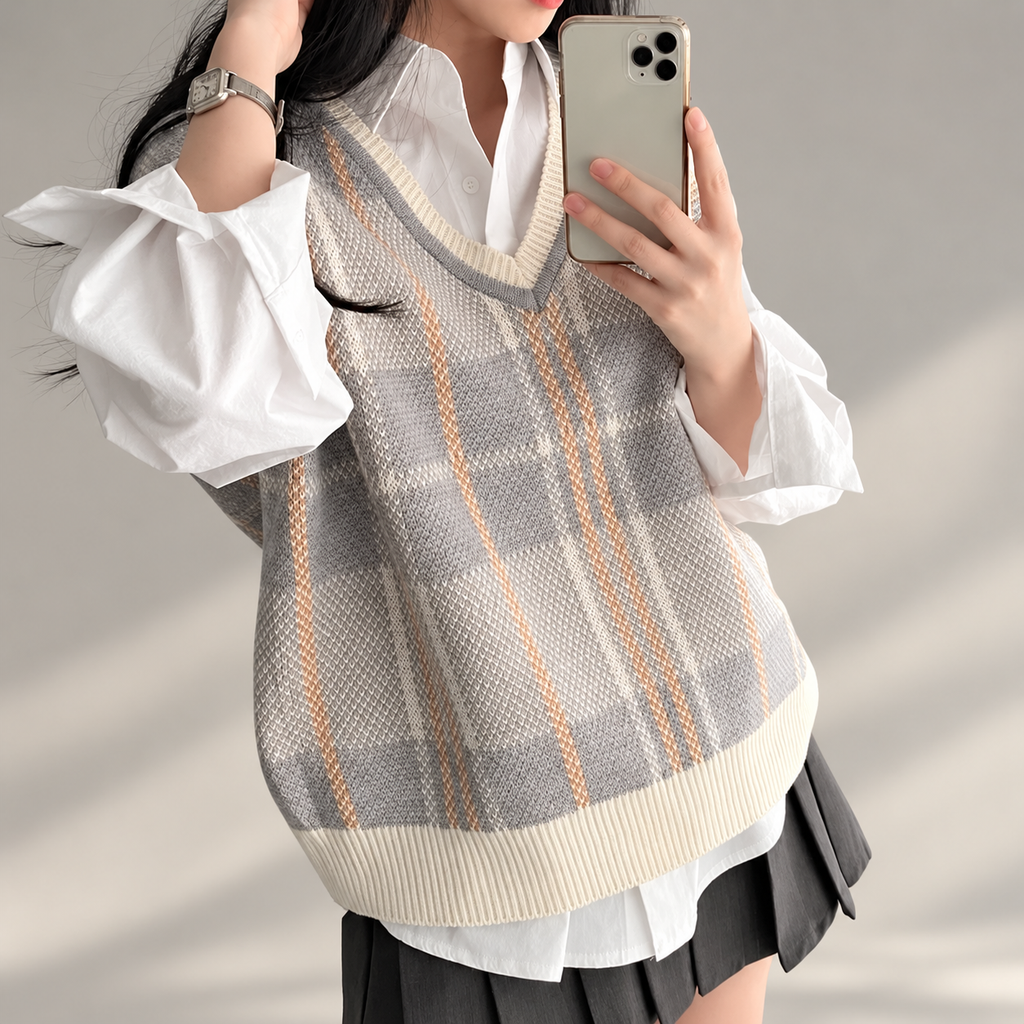 Elodie Women’s Plaid V-Neck Knit Sweater Vest