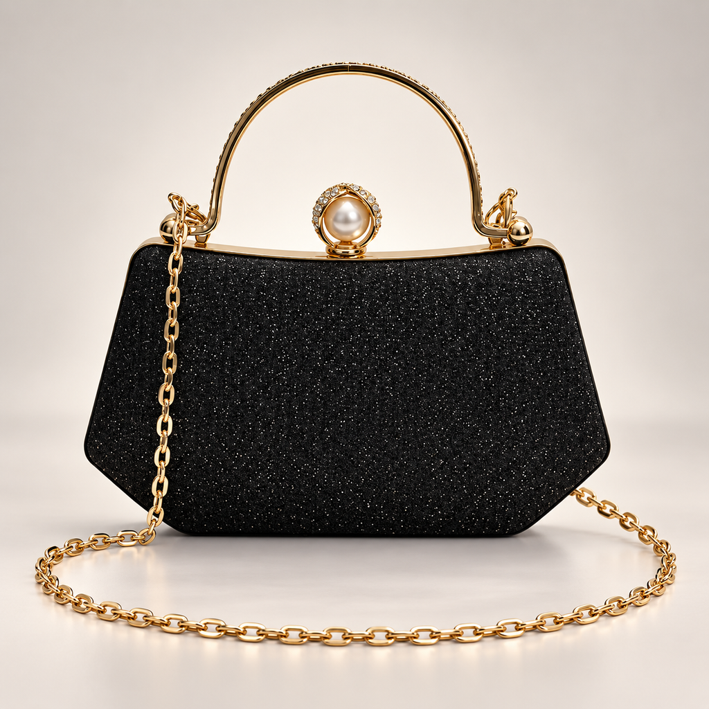 Elodie Pearl Clasp Glitter Evening Handbag with Chain Strap