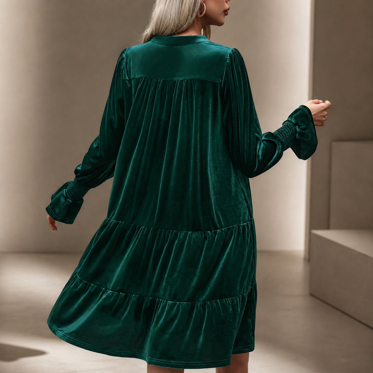 Rosalie Velvet Tiered Mini Dress – Long Sleeve V-Neck Dress with Smocked Cuffs