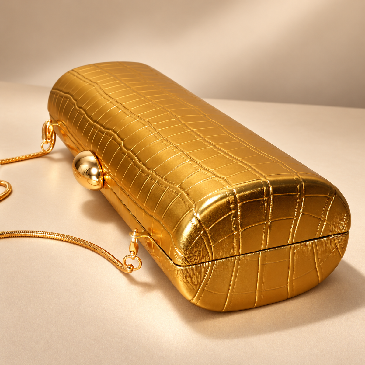 Lucienne Croc-Embossed Metallic Clutch Bag with Chain Strap