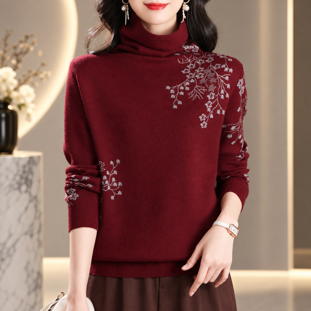 Arabella Women's Floral Turtleneck Knit Sweater with Long Sleeves