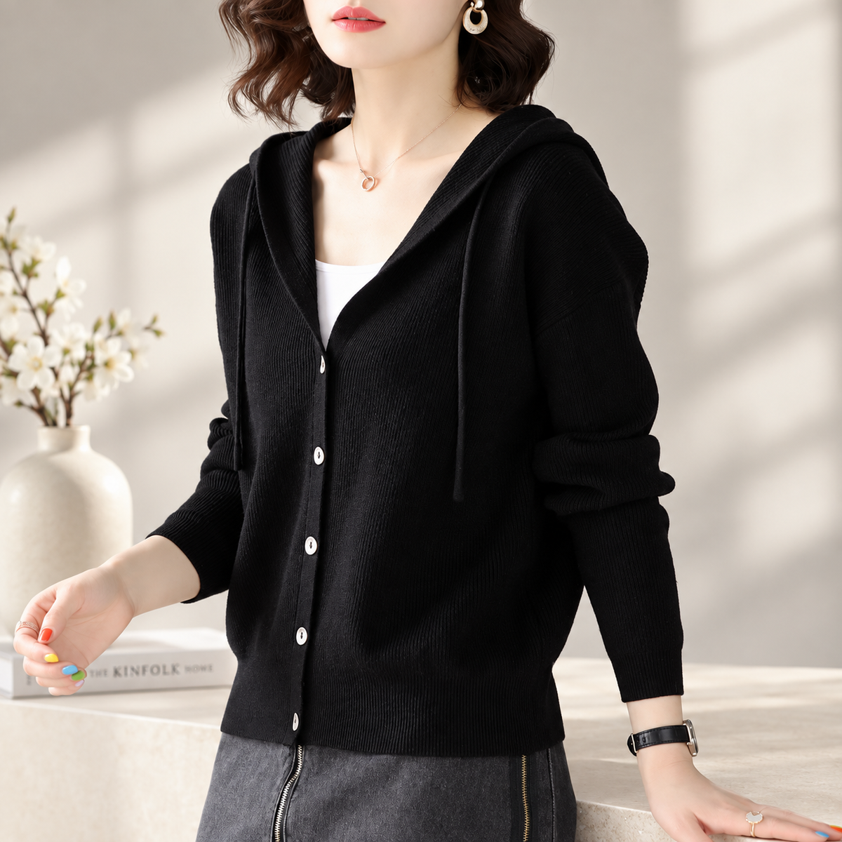 Clara Hooded Knit Cardigan – Women’s Button Front Long Sleeve Sweater
