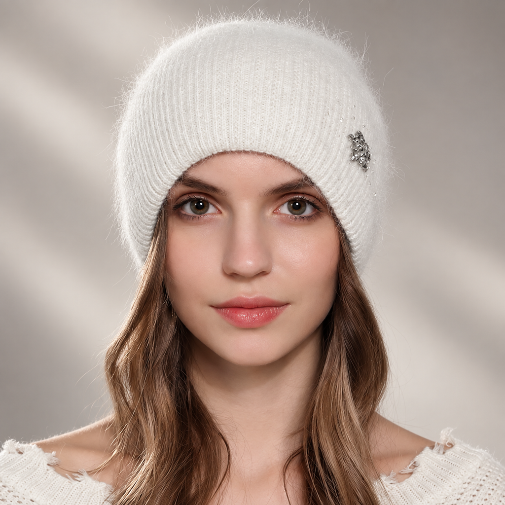 Isabelle Women’s Fuzzy Knit Beanie – Rhinestone Accent Winter Hat