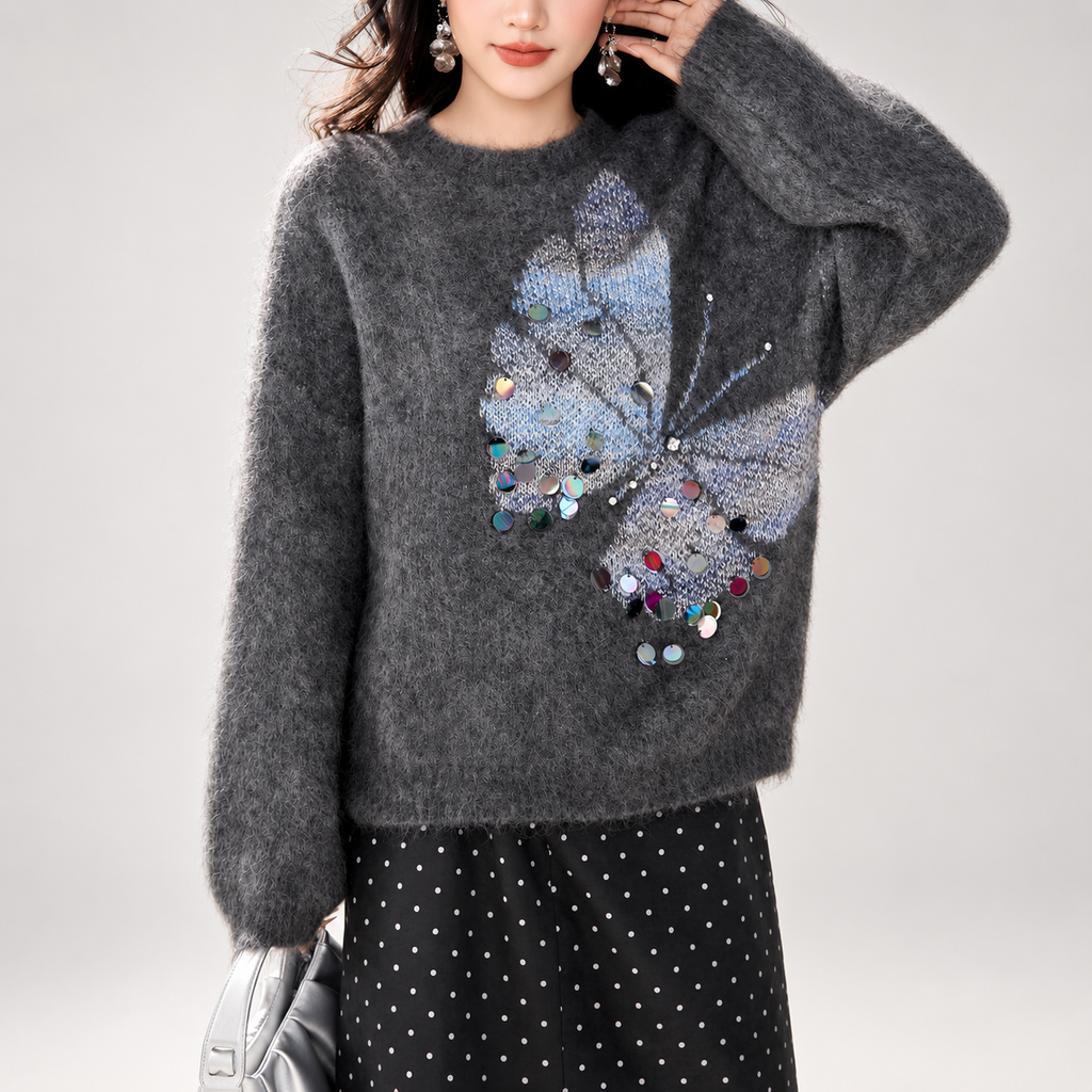 Margot Embellished Butterfly Fuzzy Knit Sweater