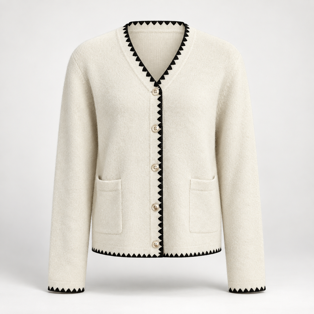 Florence Contrast Trim Knit Cardigan – Ivory V-Neck Button Front Sweater