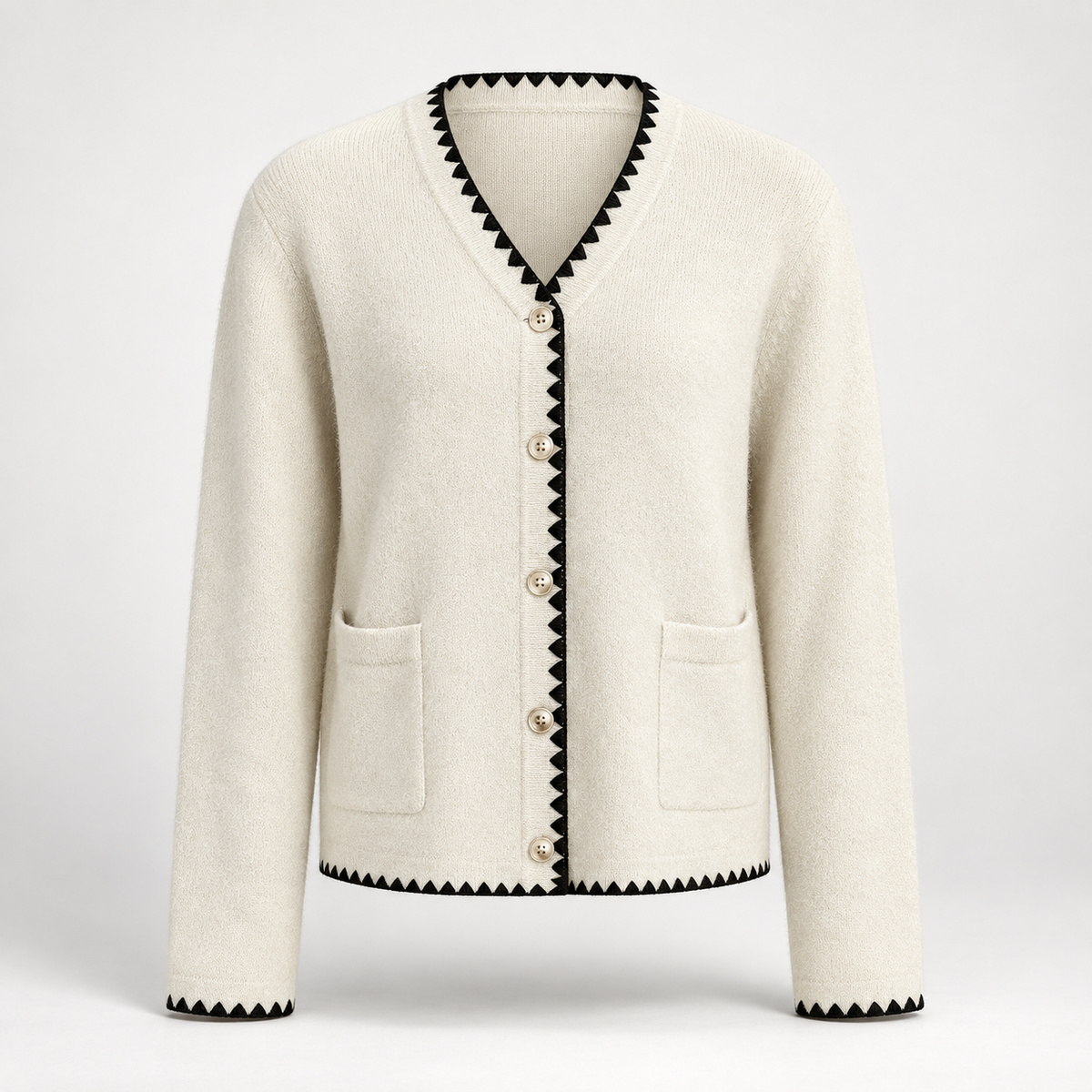 Florence Contrast Trim Knit Cardigan – Ivory V-Neck Button Front Sweater
