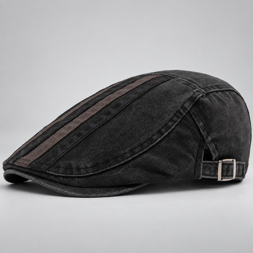 Alistair Washed Stripe Flat Cap with Adjustable Buckle