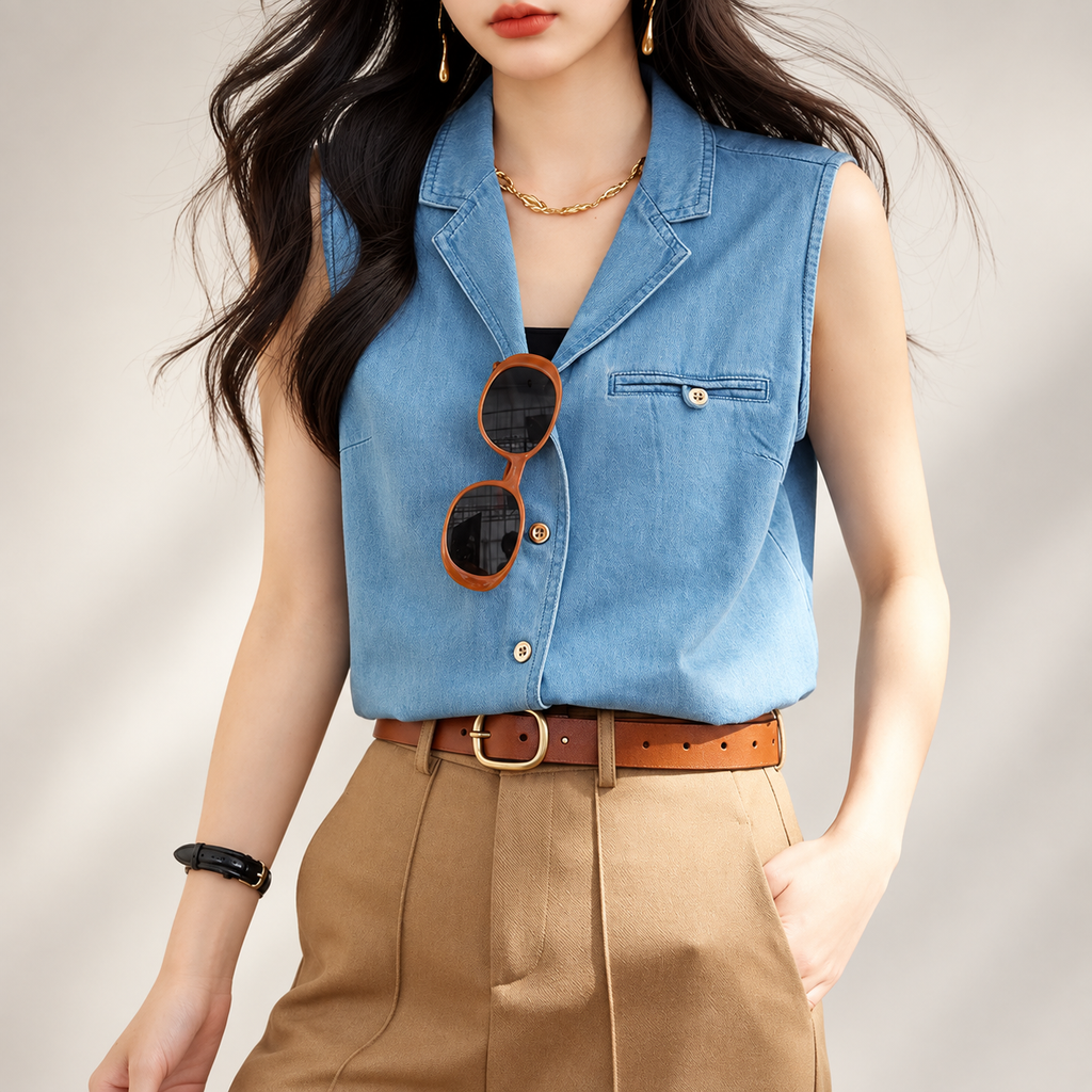 Isabella Sleeveless Denim Button-Front Vest Top