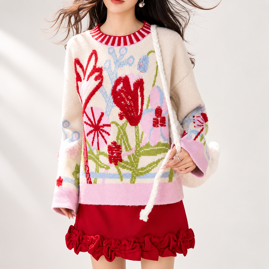 Elodie Women’s Floral Knit Crewneck Sweater