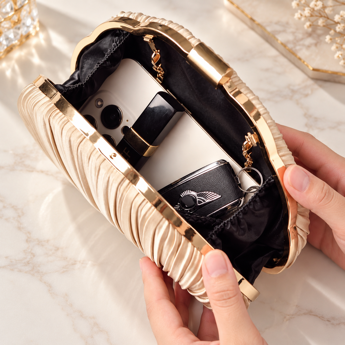 Rosalie Pleated Shell Evening Clutch with Gold Frame