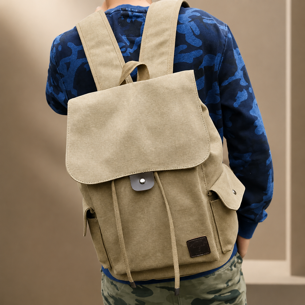 Callum Canvas Drawstring Backpack – Flap Top Rucksack with Side Pockets
