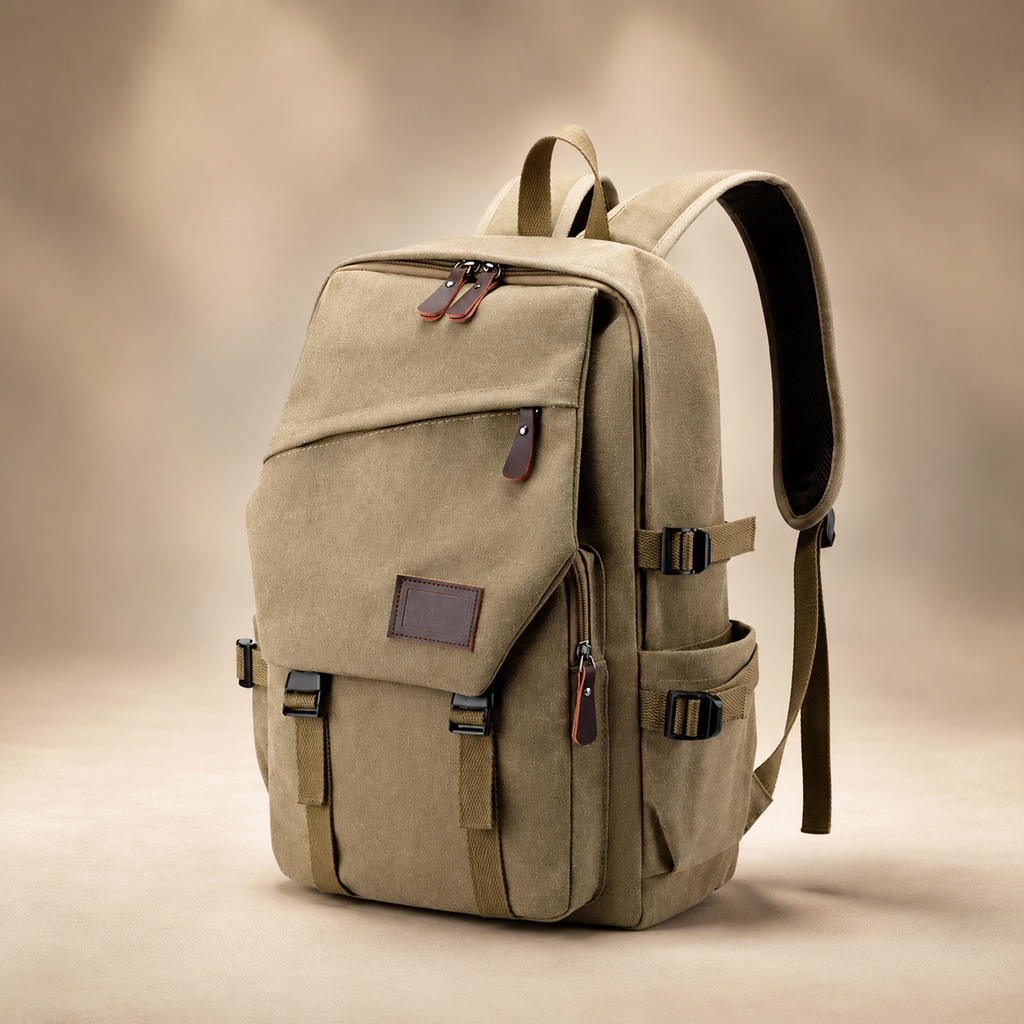 Harrison Canvas Backpack – Multi-Pocket Travel Rucksack with Front Flap Pocket