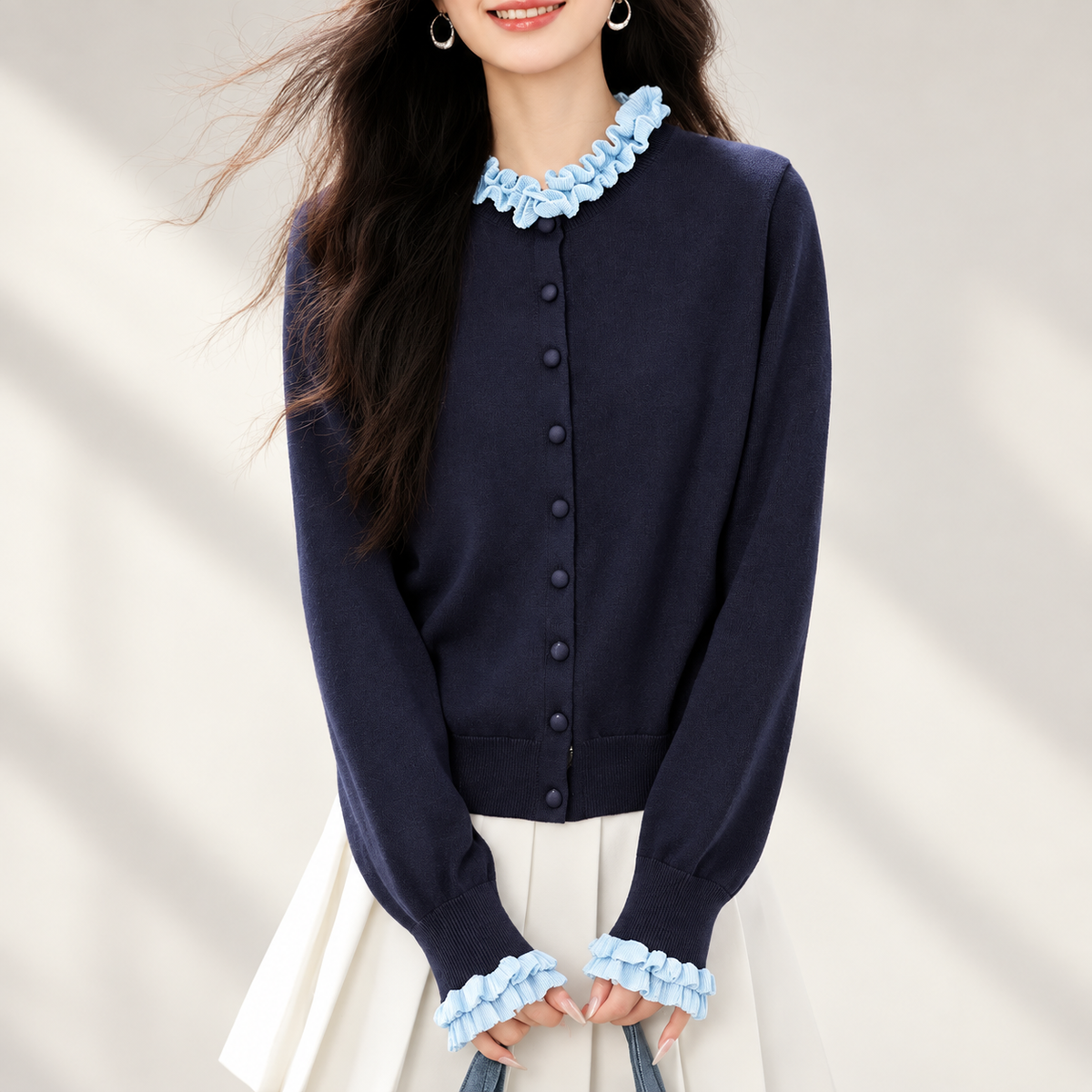Camille Women’s Navy Ruffle Trim Knit Cardigan