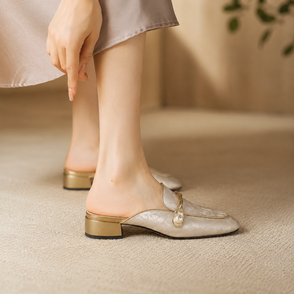 Bianca Satin Floral Mules for Women – Low Heel Slip-On Dress Shoes