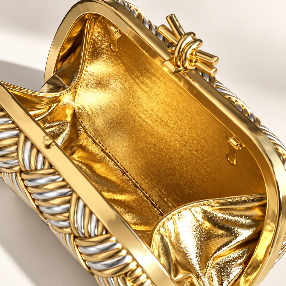 Camille Woven Metallic Evening Clutch Bag with Knot Clasp