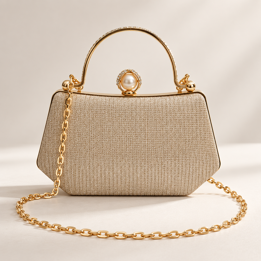 Elodie Pearl Clasp Glitter Evening Handbag with Chain Strap