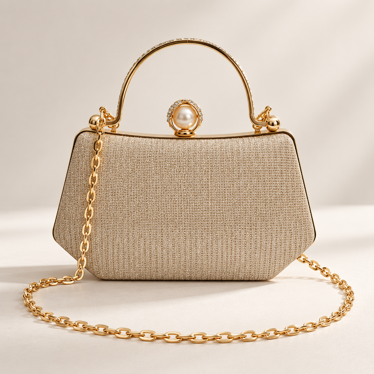 Elodie Pearl Clasp Glitter Evening Handbag with Chain Strap