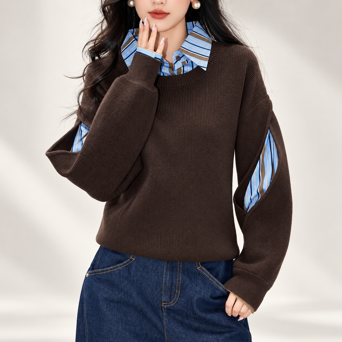Camille Brown Cutout Sleeve Layered Knit Sweater with Striped Shirt Detail