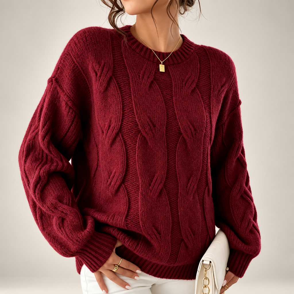 Camille Women’s Burgundy Cable Knit Crew Neck Sweater