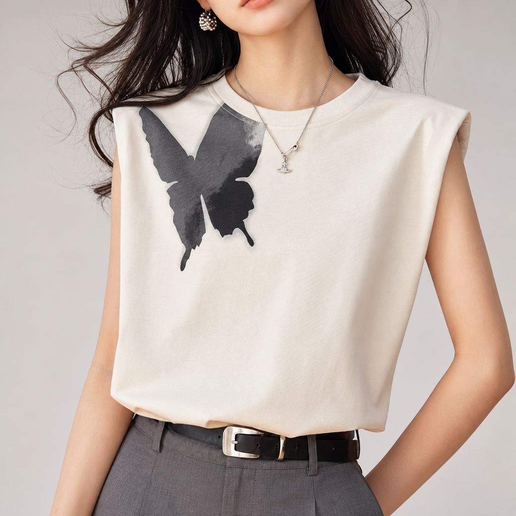 Vivienne Ivory Butterfly Graphic Sleeveless Shoulder-Pad Top
