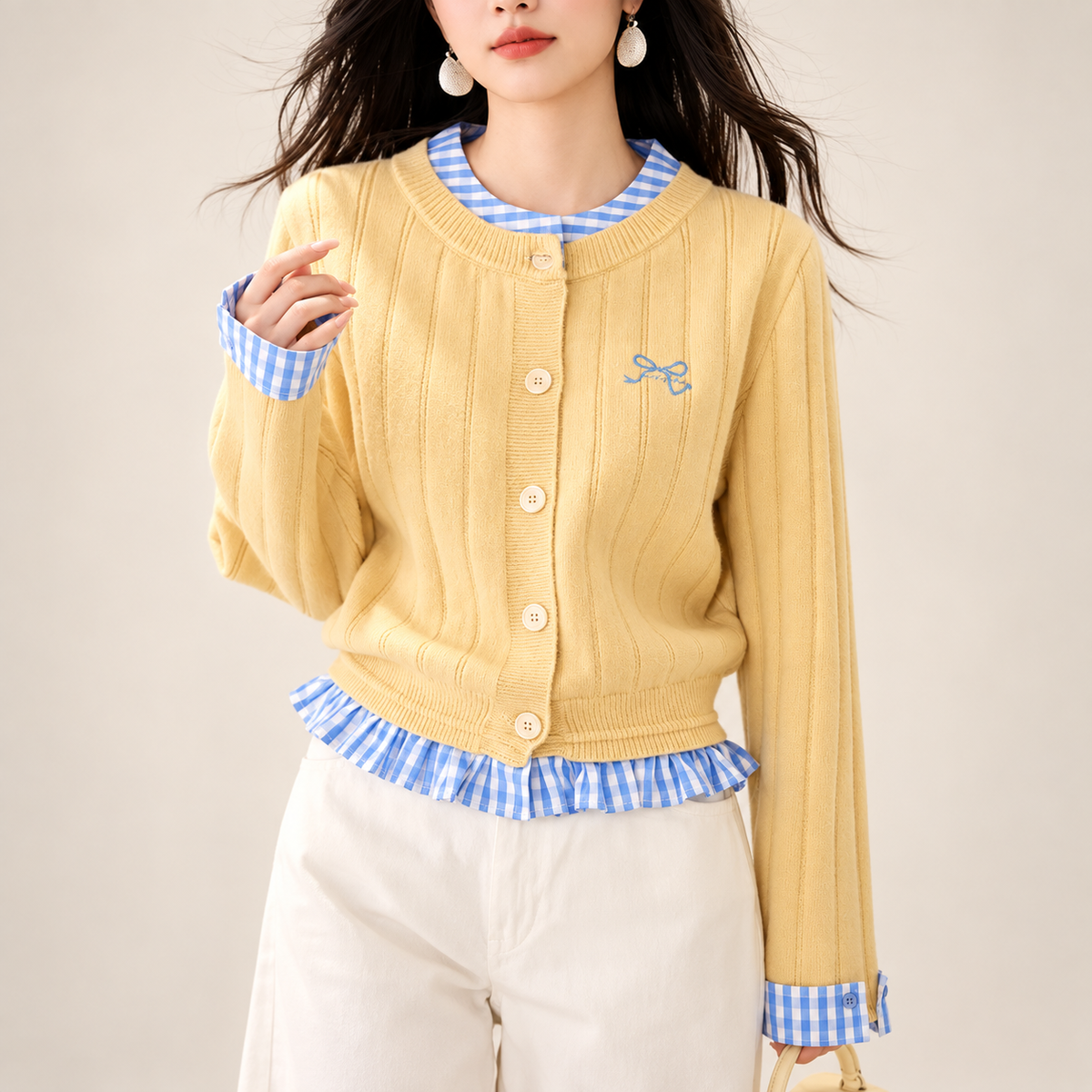 Elodie Yellow Ribbed Button Cardigan with Blue Gingham Trim
