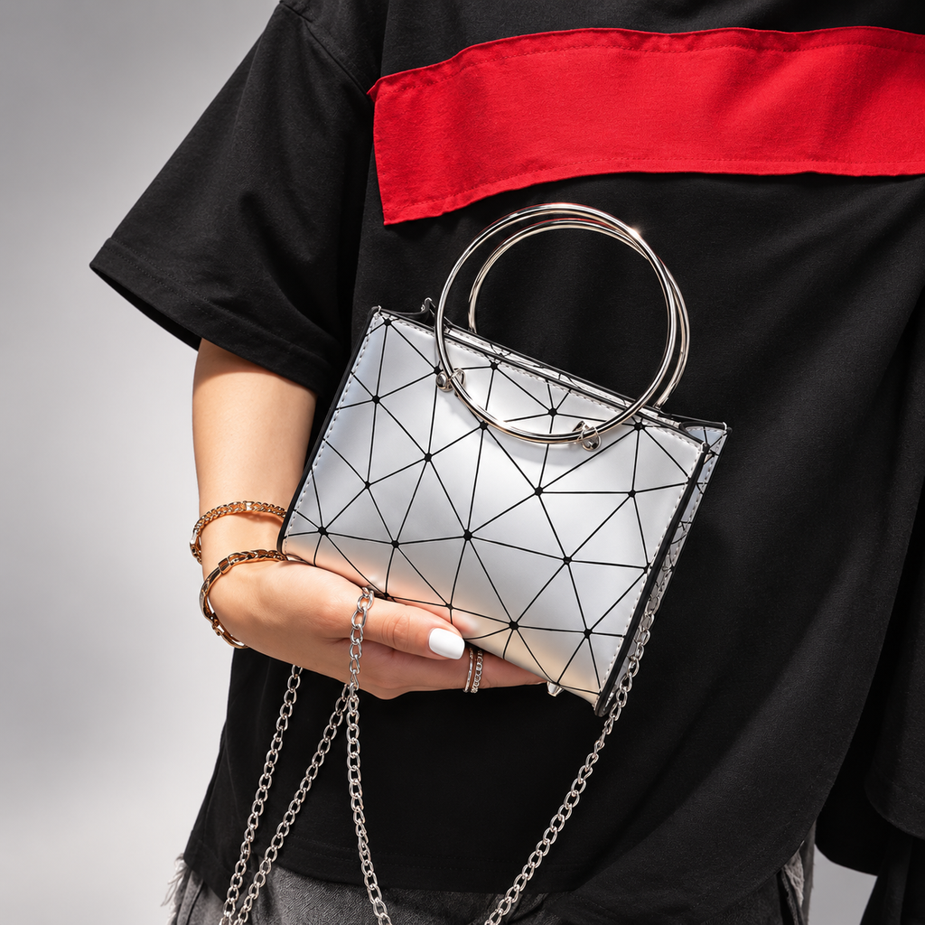 Alessia Silver Geometric Mini Handbag with Ring Handles & Chain Strap
