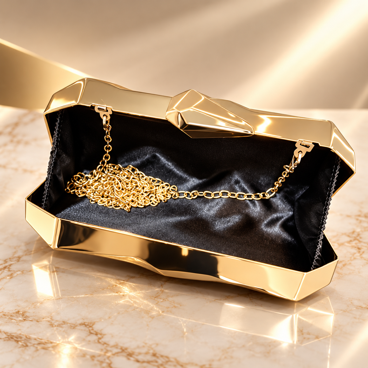 Alessandra Geometric Metallic Hard-Shell Evening Clutch with Chain Strap