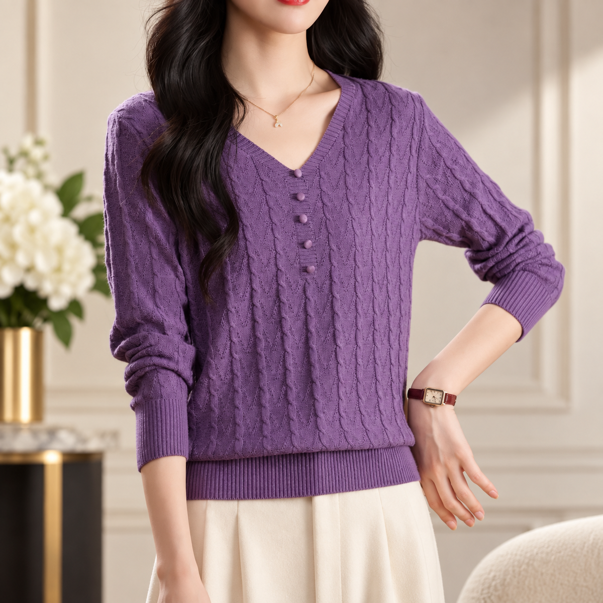 Francesca Women's Cable Knit V-Neck Sweater with Decorative Button Placket