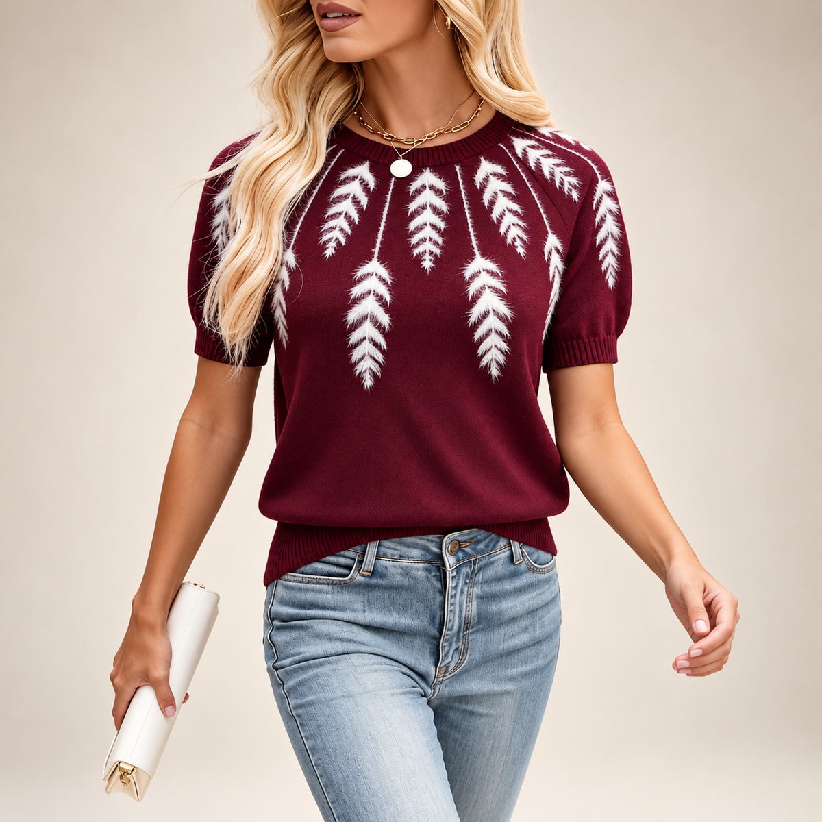 Genevieve Women’s Burgundy Feather Motif Short Sleeve Knit Sweater