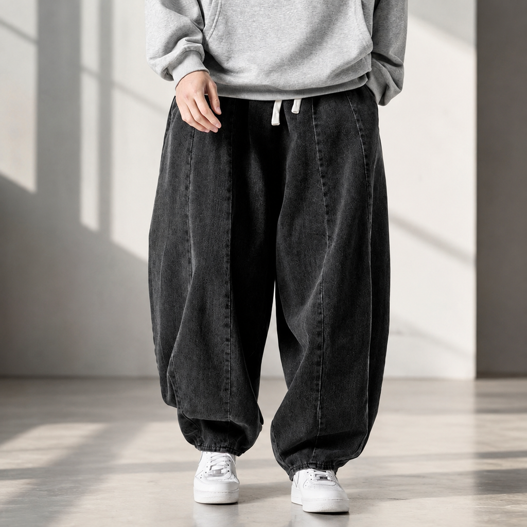 Lorenzo Men’s Balloon Fit Drawstring Denim-Look Pants