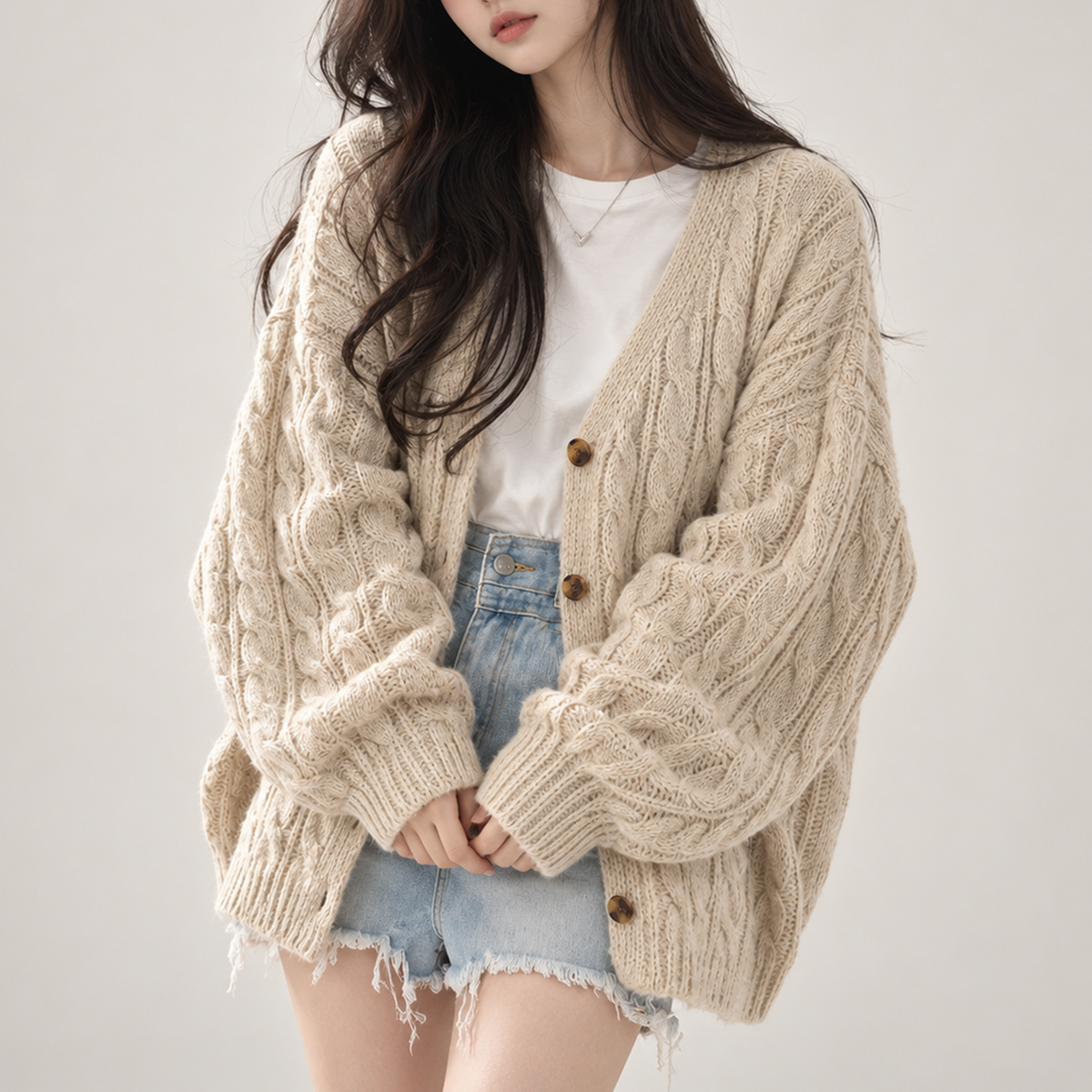 Elodie Women's Oversized Cable-Knit V-Neck Cardigan