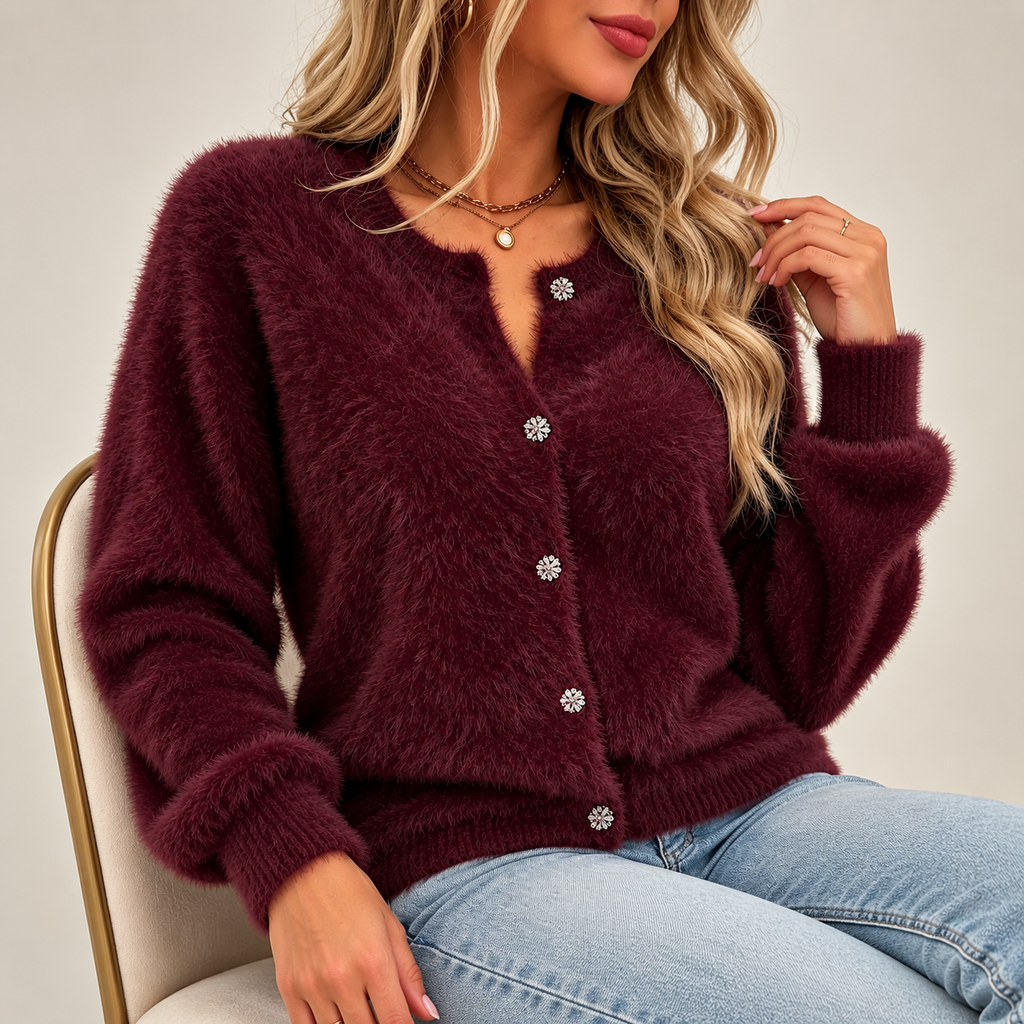 Gianna Women’s Burgundy Fuzzy Knit Cardigan