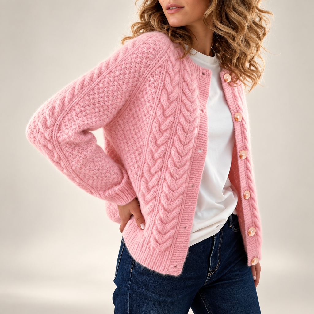 Penelope Cable Knit Button Cardigan – Pink Crew Neck Women’s Sweater