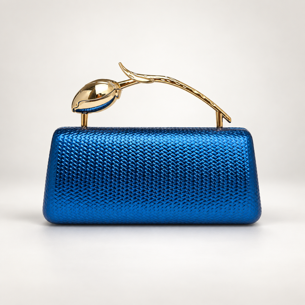 Camille Metallic Woven-Texture Evening Clutch with Sculptural Gold Handle