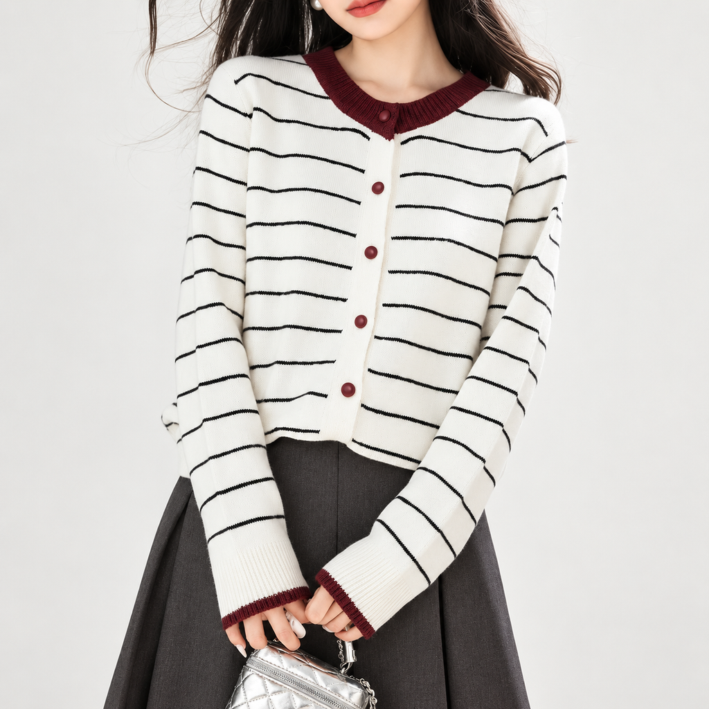 Beatrice Contrast Trim Striped Knit Cardigan