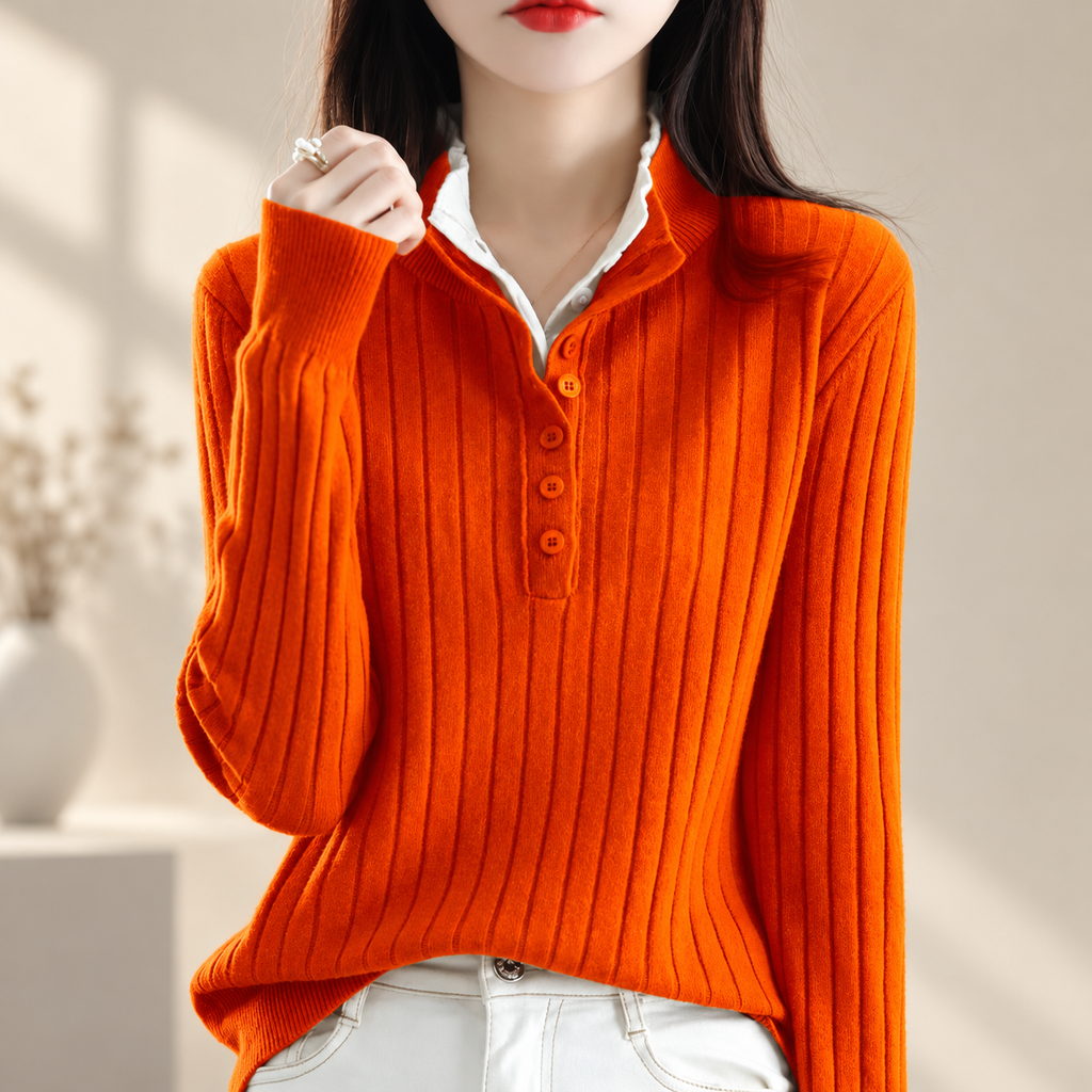 Felicity Women’s Ribbed Polo Knit Sweater – Long Sleeve Button Placket Pullover