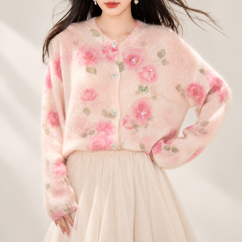 Rosalie Printed Floral Embellished Knit Cardigan