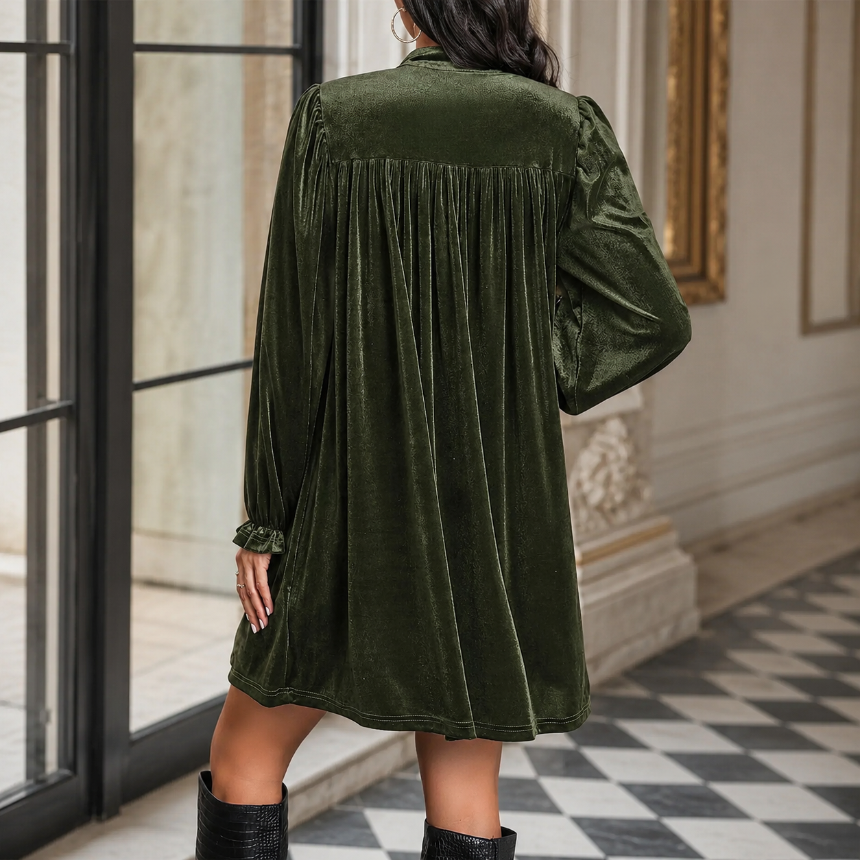 Genevieve Velvet Mini Dress – Long Sleeve V-Neck Empire Waist Dress with Ruffle Cuffs