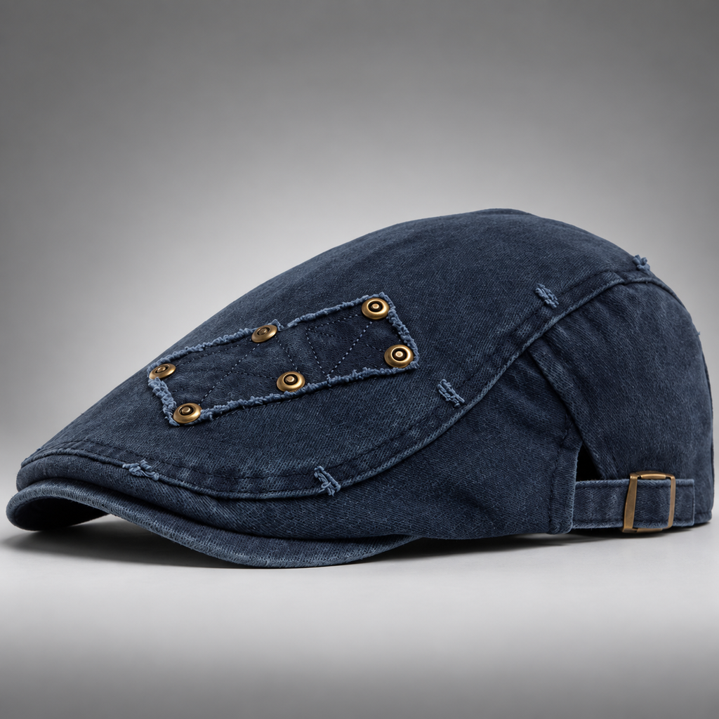 Callum Washed Flat Cap with Rivet Patch and Adjustable Buckle