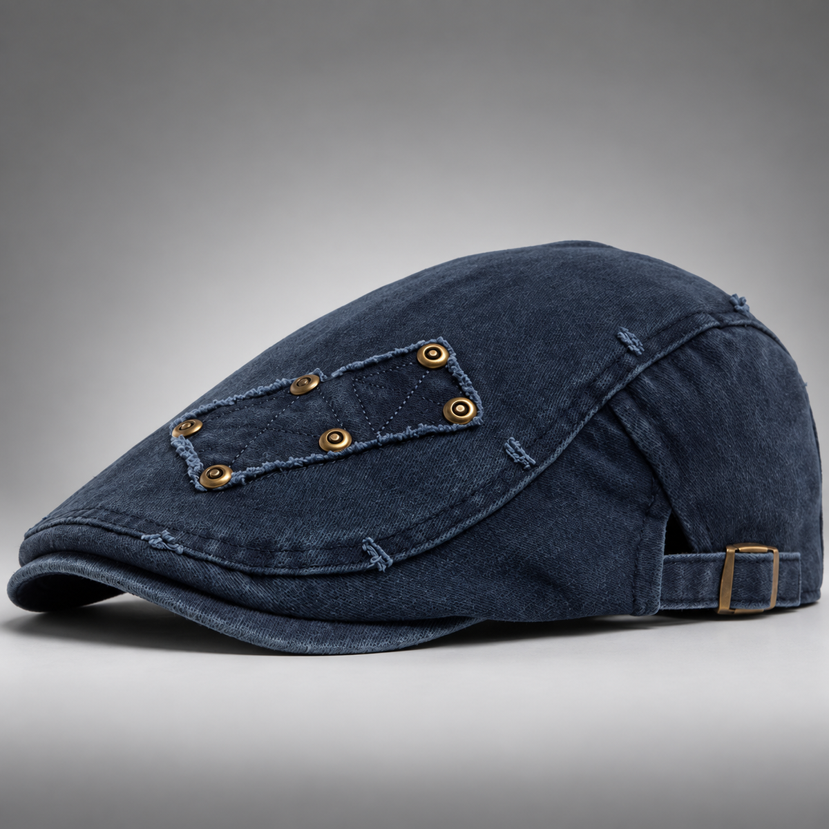 Callum Washed Flat Cap with Rivet Patch and Adjustable Buckle