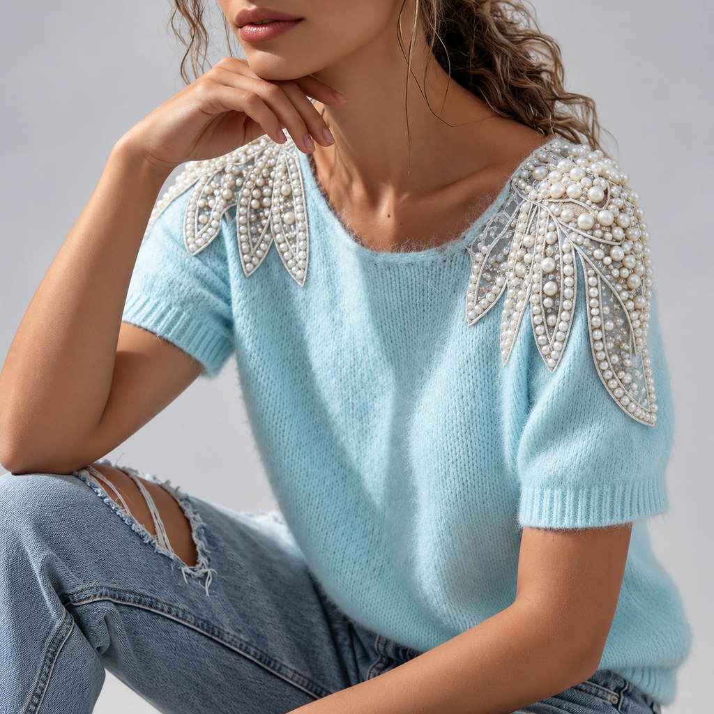 Camille Pearl-Embellished Short Sleeve Knit Top