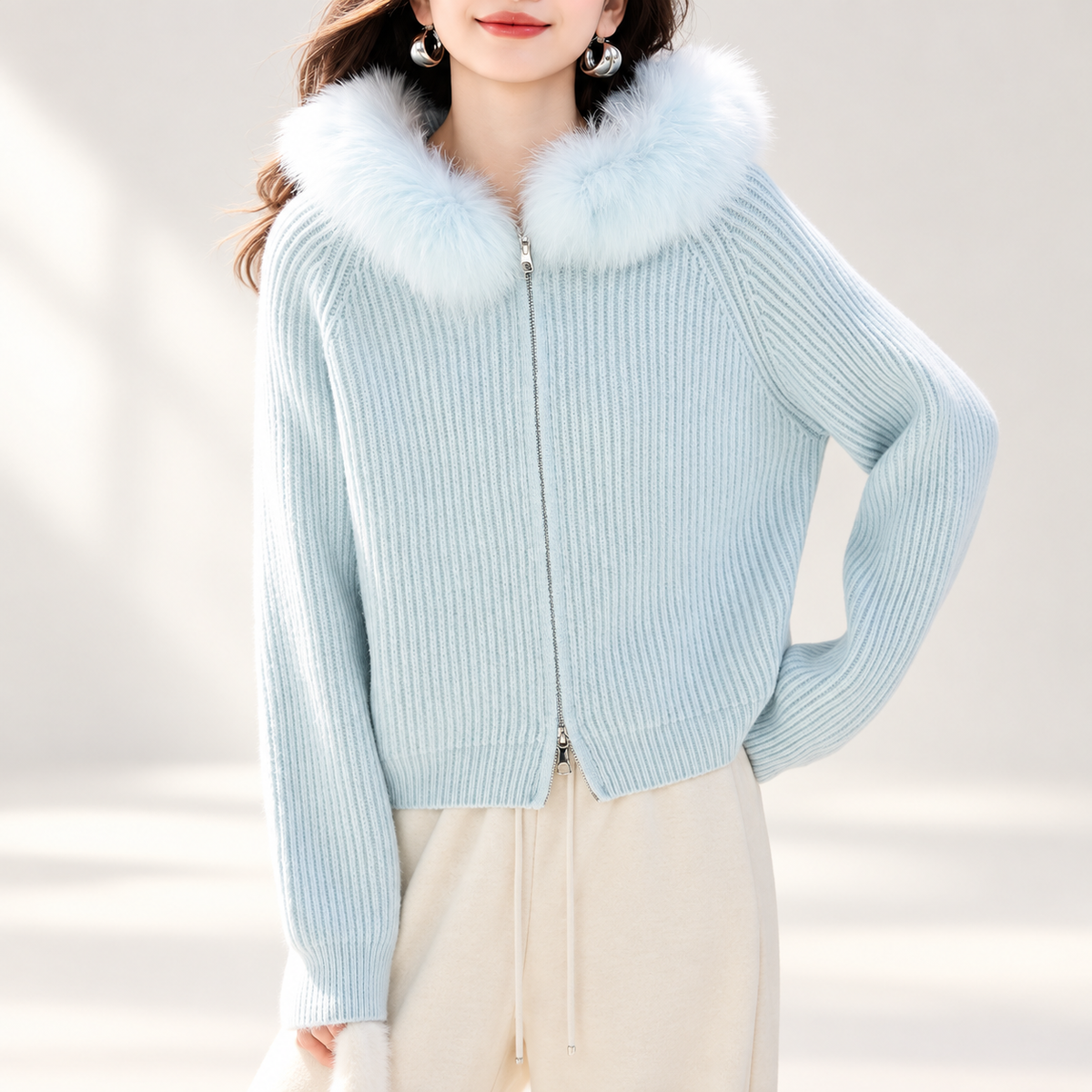 Amélie Women’s Ice Blue Rib-Knit Zip-Up Hooded Cardigan with Plush Trim