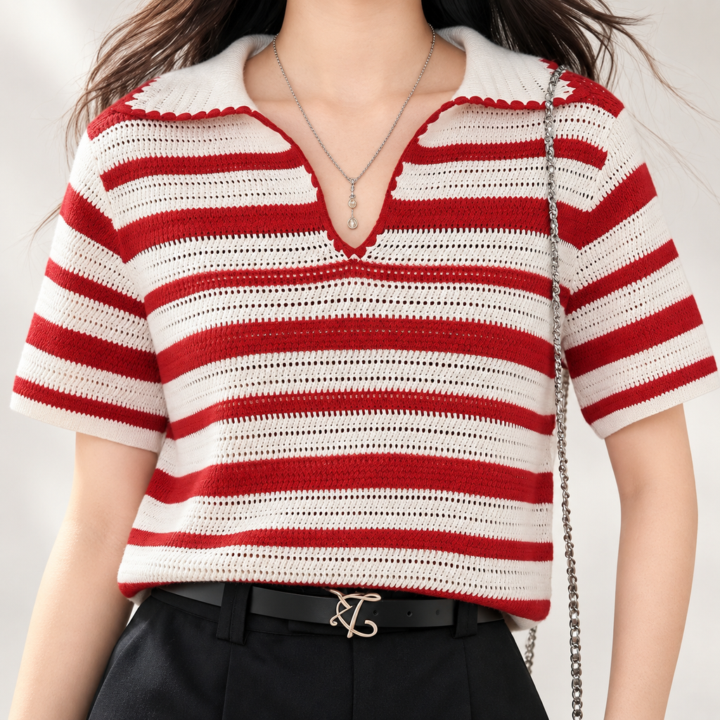Lucia Red & Cream Striped Open-Knit Polo Top