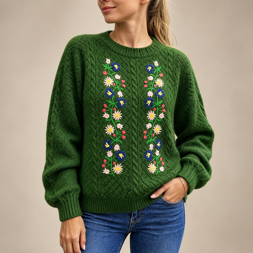 Gianna Floral Embroidered Cable Knit Sweater