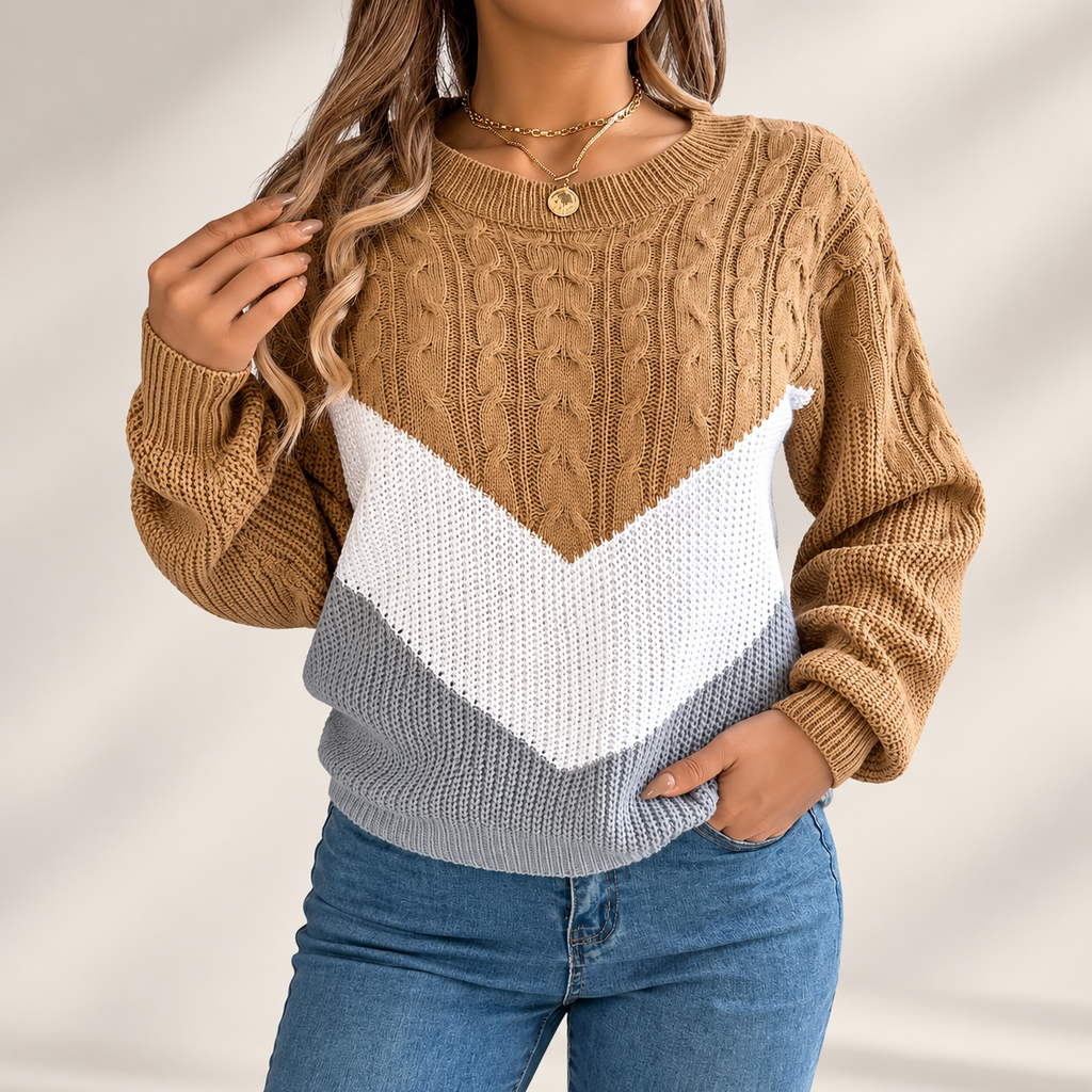 Camille Women’s Cable Knit Colorblock Crewneck Sweater