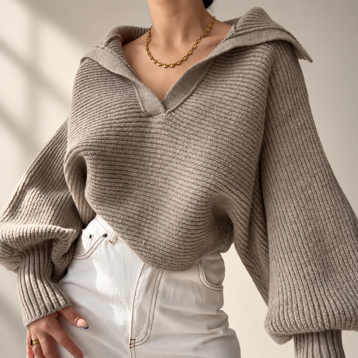 Colette Women’s Oversized Collared Knit Sweater – Ribbed Long Sleeve Pullover