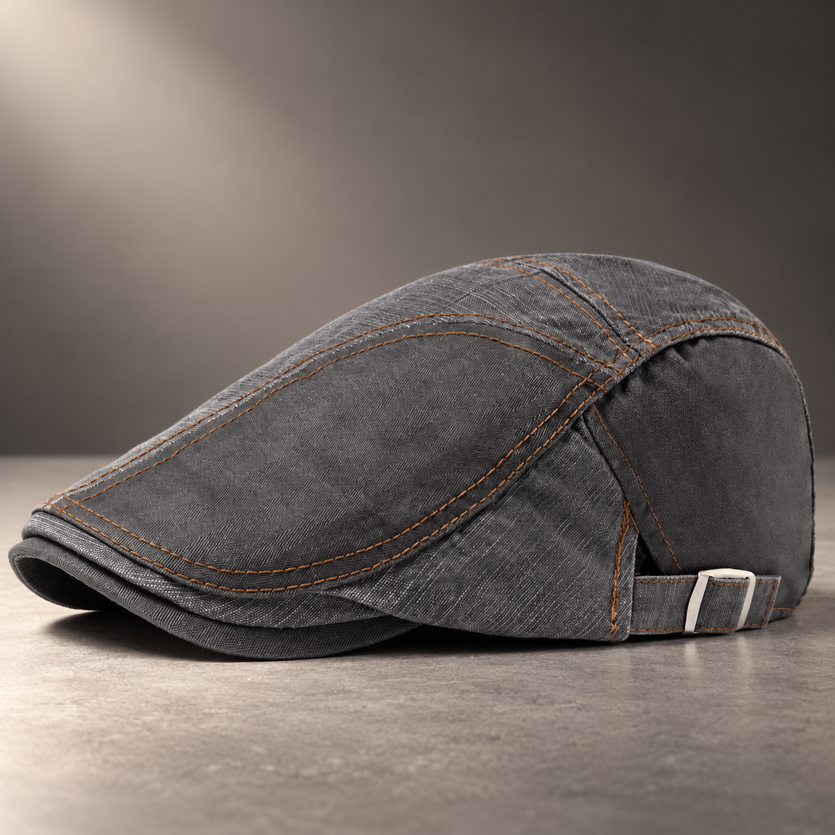 Ronan Men’s Washed Flat Cap – Adjustable Contrast Stitch Driving Hat