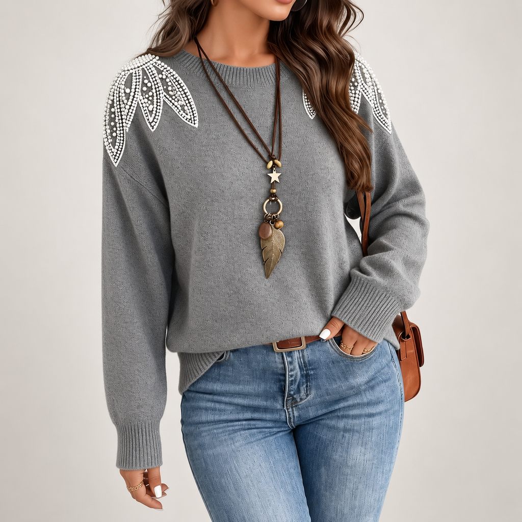 Elodie Gray Beaded Shoulder Crew Neck Knit Sweater