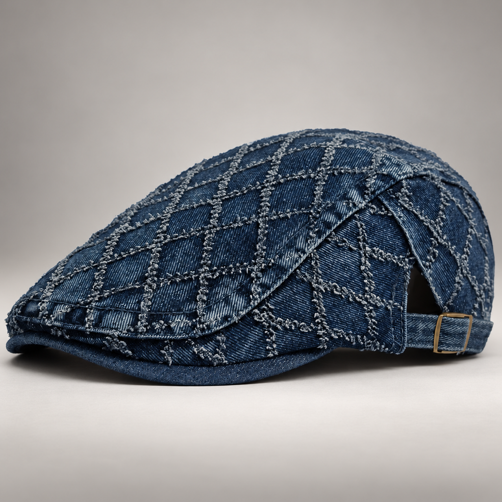 Declan Men’s Denim Flat Cap – Adjustable Diamond Stitch Driving Hat