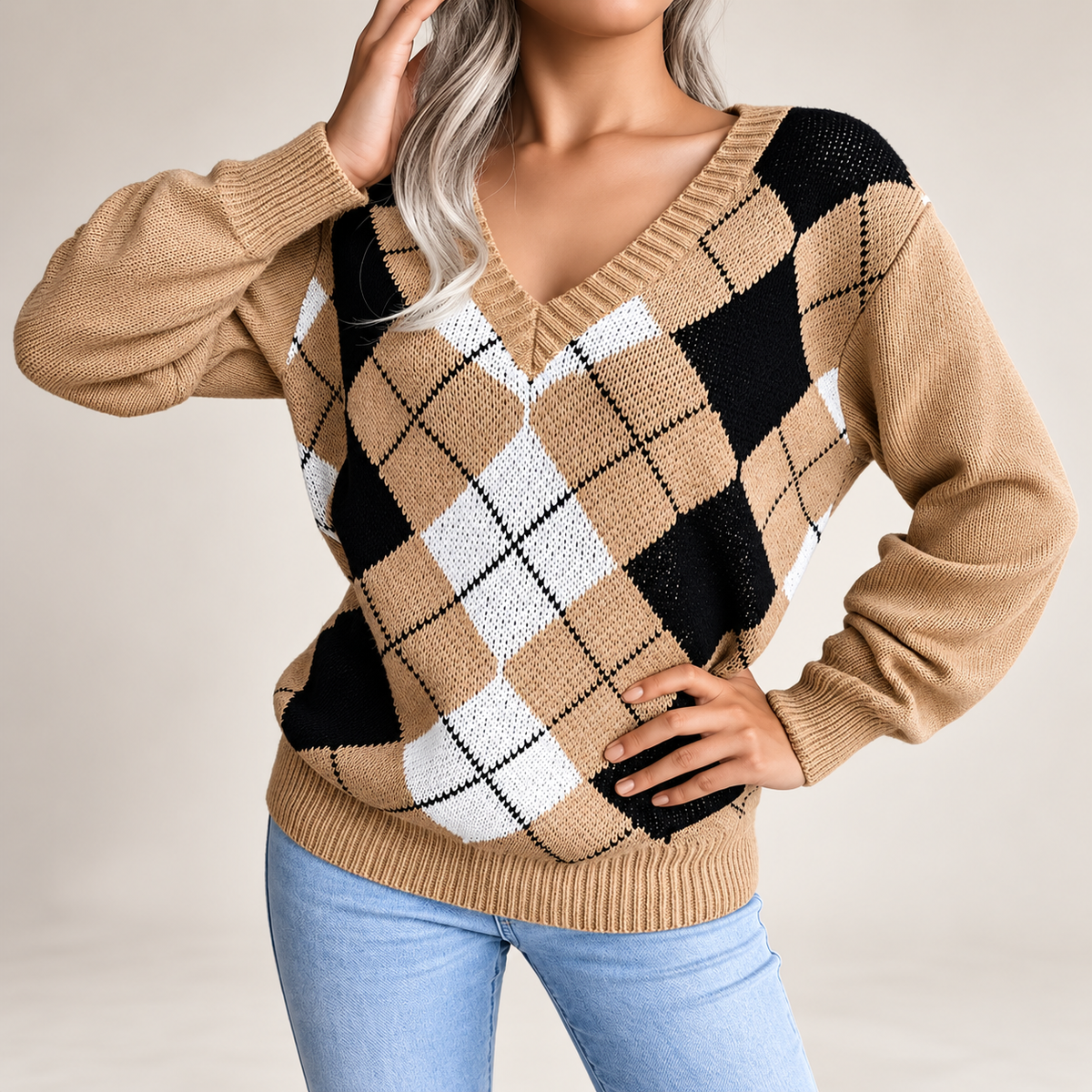 Beatrice Argyle V-Neck Knit Sweater – Women’s Long Sleeve Diamond Pattern Pullover